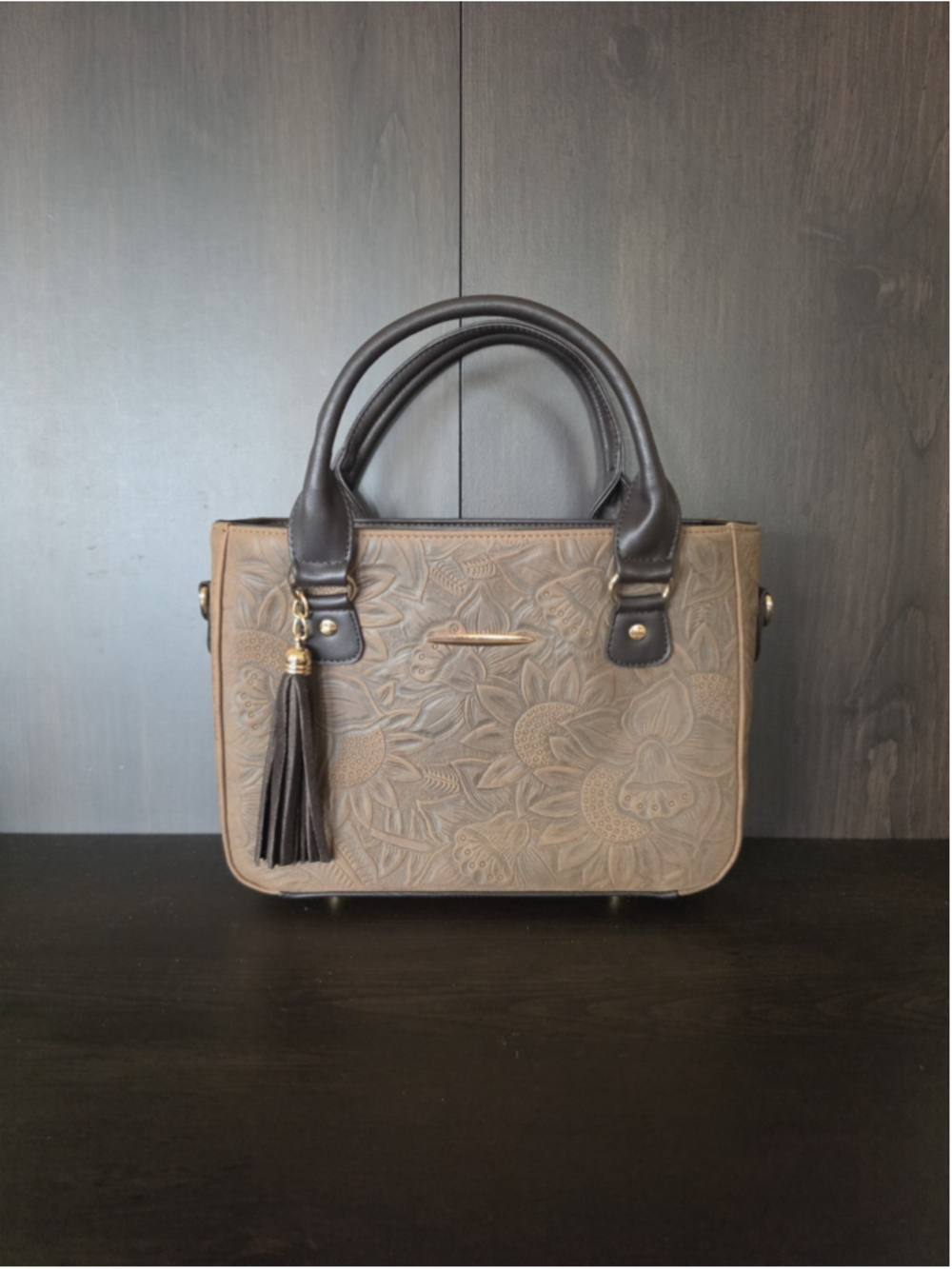 Milk Chocolate Brown Tasseled Sunflower Embossed Tooled Artisan LEATHER Purse - Picture 8 of 16